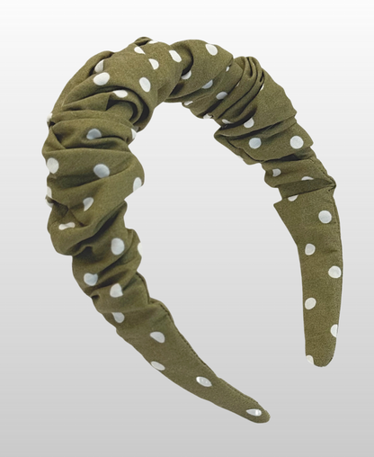 Serre-tête en coton au motif ultra-féminin vert olive à pois blanc.